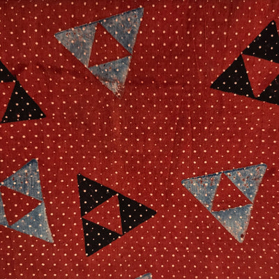 Pure Cotton Ajrak Red With Black And Rust Blue Triangle Hand Block Print Fabric