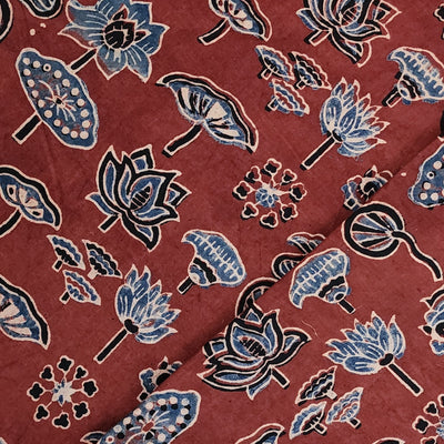 Pure Cotton Ajrak Red With Blue Different Flower In Pond Grass Flower Motif Hand Block Print Fabric