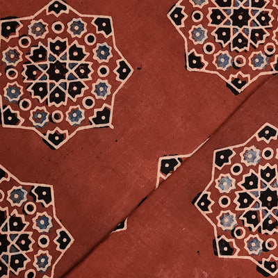 Pure Cotton Ajrak Red With Light Blue With Black Big Flower Intricate Design Hand Block Print Fabric