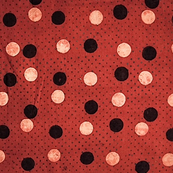 (PRE-CUT 1.50 METER) Pure Cotton Ajrak Red With Tiny Dots And White  And Black Polka Dots Hand Block Print Fabric