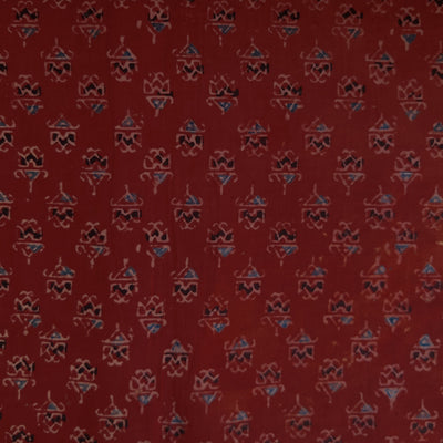 ( Pre-Cut 0.90 Meter ) Pure Cotton Ajrak Ruat With Tribal Motifs Hand Block Print Fabric