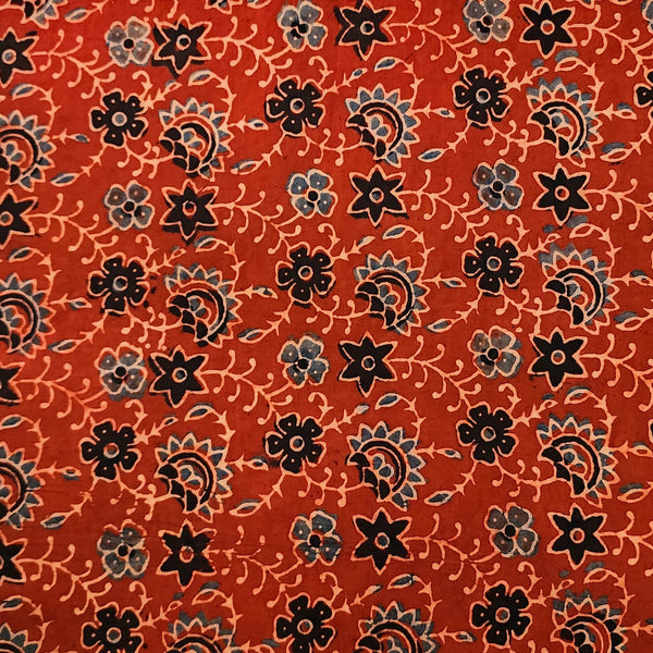 Pure Cotton Ajrak Rust And Black And Blue Flower Jaal Hand Block Print Fabric