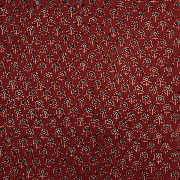 ( PRE-CUT 1.80 METER ) Pure Cotton Ajrak Rust And Green Tiny Flower Hand Block Print Fabric