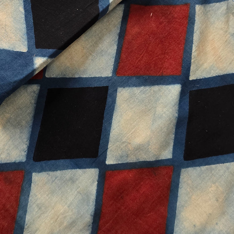 Pure Cotton Ajrak Rust Blue And Red And Black Jaal Hand Block Print Fabric