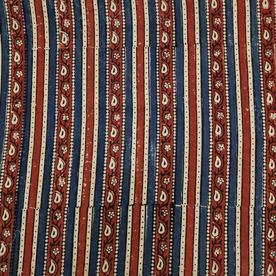 Pure Cotton Ajrak Rust Blue And Rust Red With Cream Stripes Border  Hand Block Print Fabric