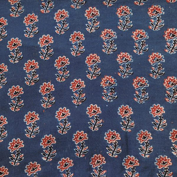 (Pre Cut 1.28 Meter Pure Cotton Ajrak Rust Blue With Red Flower Motif Hand Block Print Fabric