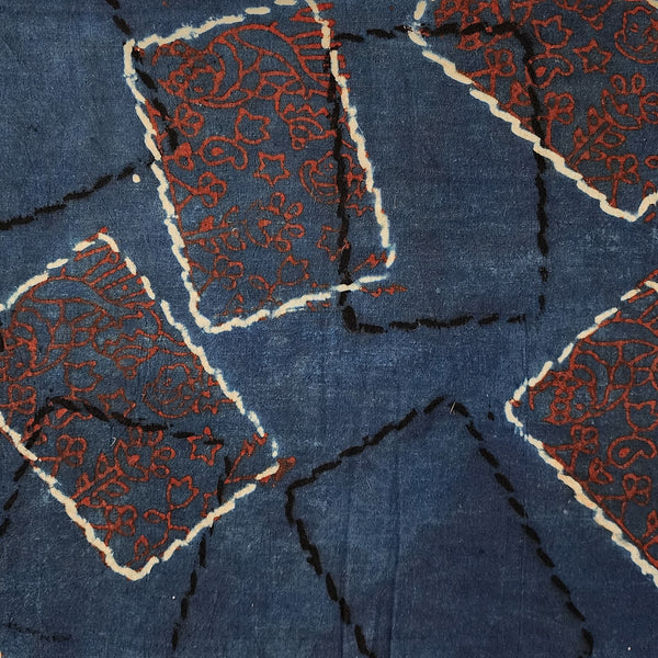 Pure Cotton Ajrak Rust Blue With Red With White And Black Photo Frames Design Hand Block Print Fabric