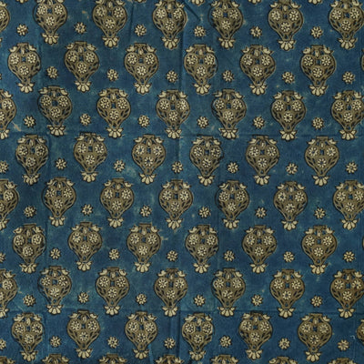 Pure Cotton Ajrak Rust Blue With Sandy Flower Buds Hand Block Print Fabric