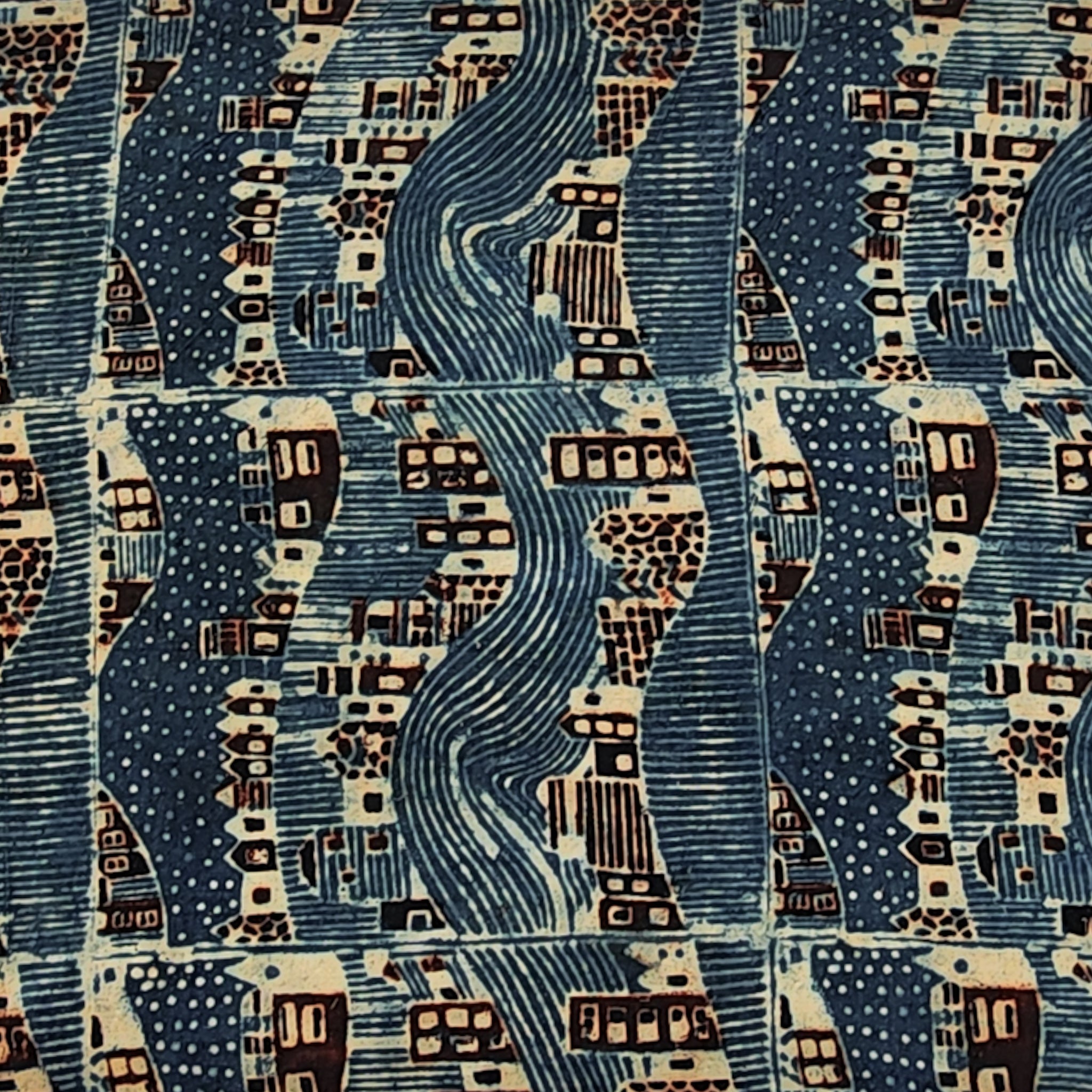 Pure Cotton Ajrak Rust Blue With Waves And Buildings Hand Block Print ...