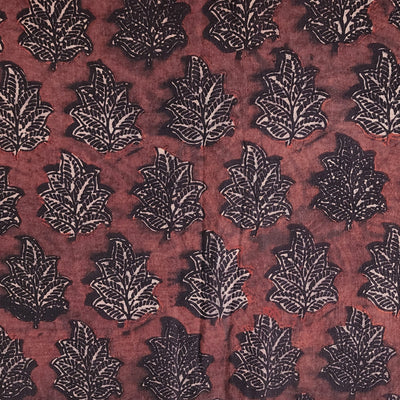 Pure Cotton Ajrak Rust Maroon With Rust Black Leaves Motif Hand Block Print Fabric