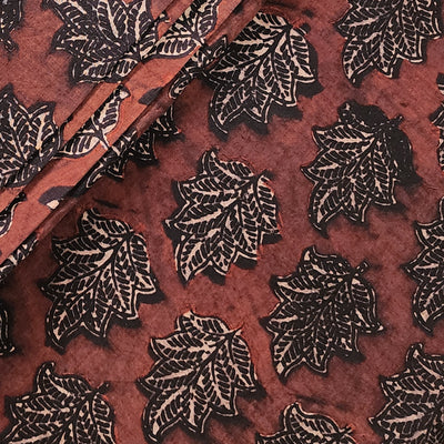 Pure Cotton Ajrak Rust Maroon With Rust Black Leaves Motif Hand Block Print Fabric