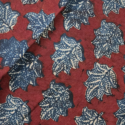 Pure Cotton Ajrak Rust Maroon With Rust Blue Leaves Motif Hand Block Print Fabric