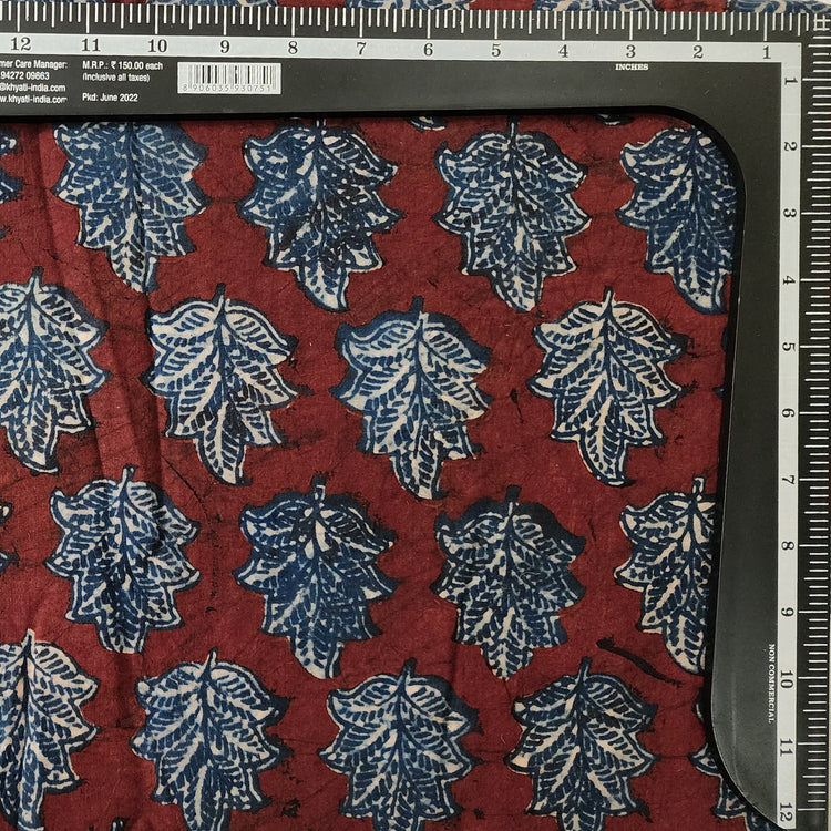 ( Pre-Cut 1 Meter ) Pure Cotton Ajrak Rust Maroon With Rust Blue Leave ...