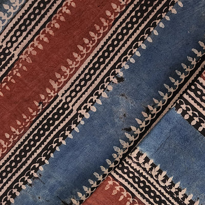 Pure Cotton AjraK Rust Red And Blue Border Hand Block Print Fabric