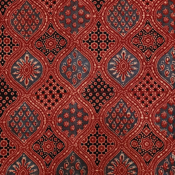 Pure Cotton Ajrak Rust Red And Blue With Black Intricate Design Hand Block Print Fabric