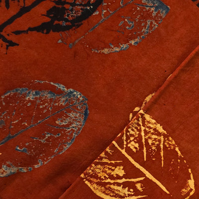 Pure Cotton Ajrak Rust Red Big Colourfull Leaves Motif Hand Block Print Fabric