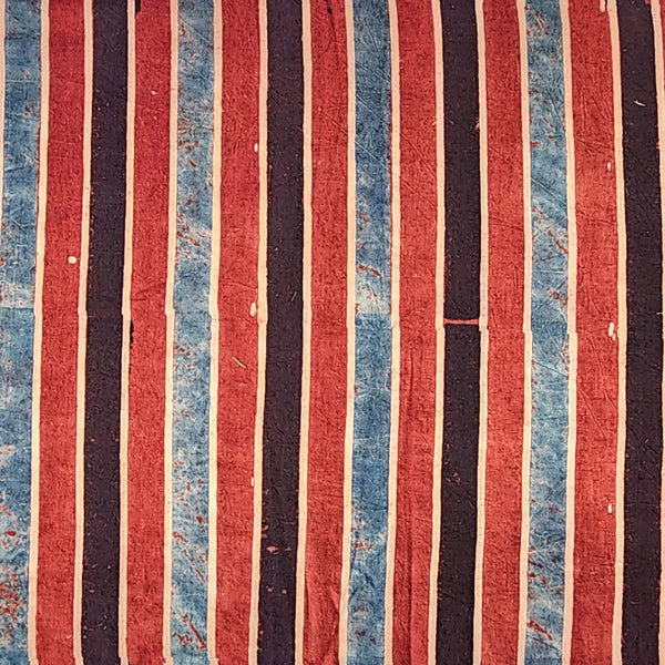 ( PRE-CUT 1.55 METER ) Pure Cotton Ajrak Rust Red With Blue And Black Fat Stripes Hand Block Print Fabric