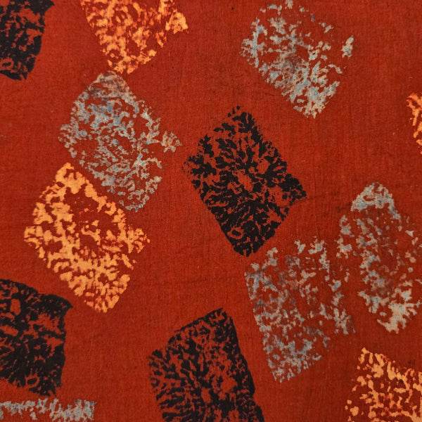 (Pre-Cut 0.95 Meter) Pure Cotton Ajrak Rust Red With Blue And Black Patches Hand Block Print Fabric