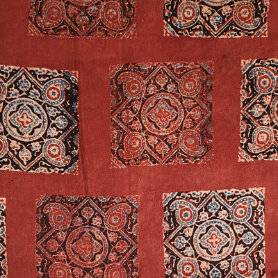Pure Cotton Ajrak Rust Red With Blue Square Intricate Design Hand Block Print Fabric