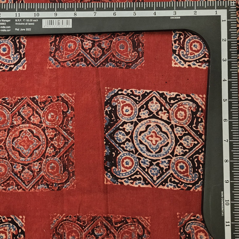 Pure Cotton Ajrak Rust Red With Blue Square Intricate Design Hand Block Print Fabric