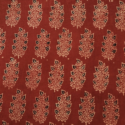 Pure Cotton Ajrak Rust Red With Cream And Black Flowers Motif Hand Block Print Fabric