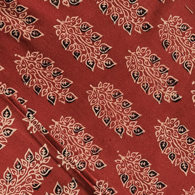 Pure Cotton Ajrak Rust Red With Cream And Black Flowers Motif Hand Block Print Fabric