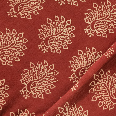 Pure Cotton Ajrak Rust Red With Cream And Peacock Motif  Hand Block Print Fabric
