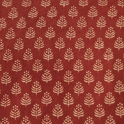 Pure Cotton Ajrak Rust Red With Cream And Single Flower Plant Motif  Hand Block Print Fabric
