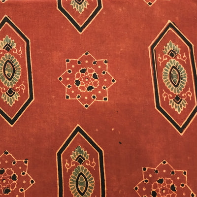 Pure Cotton Ajrak Rust Red With Green And Black Intricate Design Hand Block Print Fabric