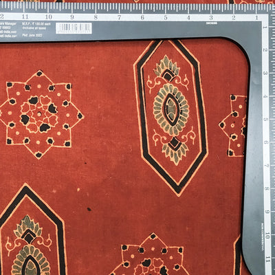 Pure Cotton Ajrak Rust Red With Green And Black Intricate Design Hand Block Print Fabric