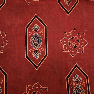 Pure Cotton Ajrak Rust Red With Rust Blue Intricate Design Hand Block Print Fabric