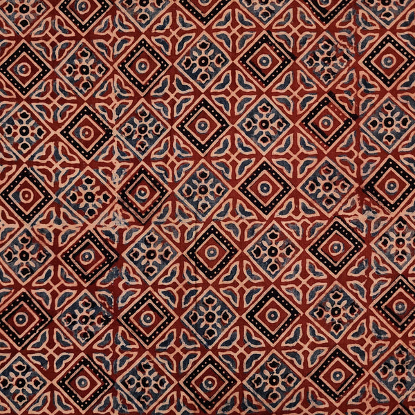 Pre-cut 0.95 meter Pure Cotton Ajrak Rust With Squares And Flowers Checks Motifs Hand Block Print Fabric