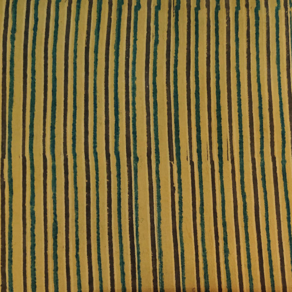 Pre-Cut 1 Meter Pure Cotton Ajrak Sandy Yellow Blue Black Stripes Hand Block Print Fabric