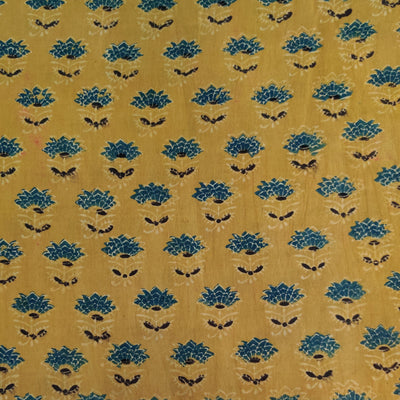 ( Pre-Cut 0.95 Meter) Pure Cotton Ajrak Sandy Yellow With Single Wild Flower Hand Block Print Fabric