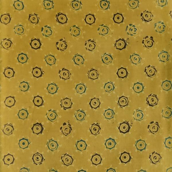 (PRE-CUT 1.65 METER) Pure Cotton Ajrak Sandy Yellow With Tribal Chakra Hand Block Print Fabric