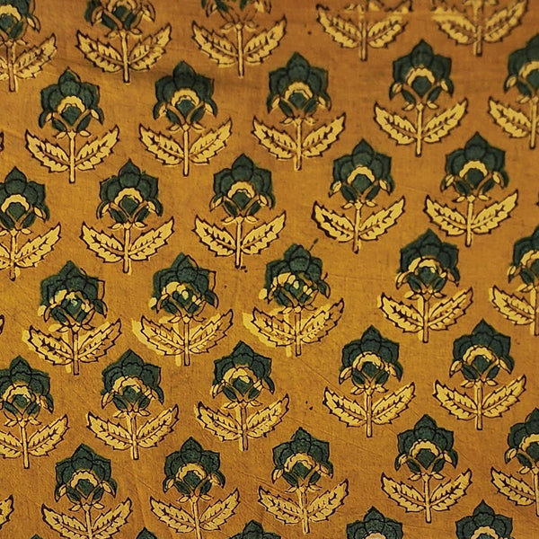 (PRE-CUT 1.50 MRTER) Pure Cotton  Double Ajrak Turmeric And Green Flower Motif Hand Block Print Fabric