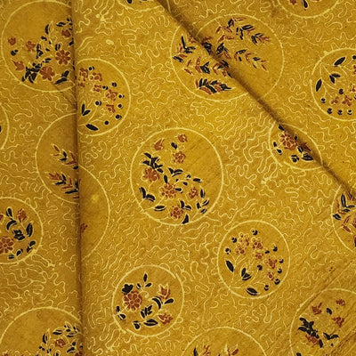 ( Pre-Cut 1.95 Meter ) Pure Cotton Ajrak Turmeric Dyed With Self Design With Some Plants In A Circle Hand Block Print Fabric