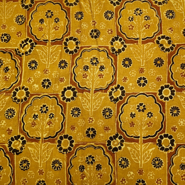 Pre-cut 0.90 cm Pure Cotton Ajrak Turmeric Dyed With Squares And Floral Plants Motifs Hand Block Print Fabric
