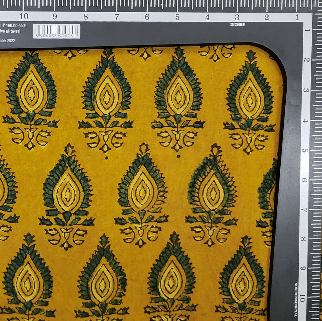 Pure Cotton Ajrak Turmeric With Green Leaves Motif Hand Block Print Fa ...