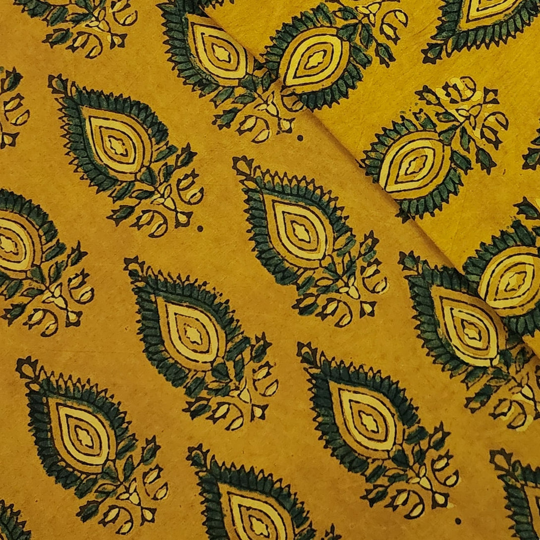 Pure Cotton Ajrak Turmeric With Green Leaves Motif Hand Block Print Fa ...