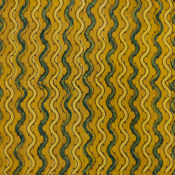 Pure Cotton Ajrak Turmeric With Green Zig-Zag Hand Block Print Fabric