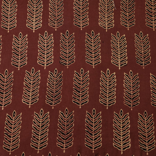 Pure Cotton Ajrak Vegetable Dyed Ajrak Rust With Cream And Black Leaves Motif Hand Block Print Fabric