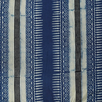 Pure Cotton Ajrak White With Blue Big Border Hand Block Print Fabric