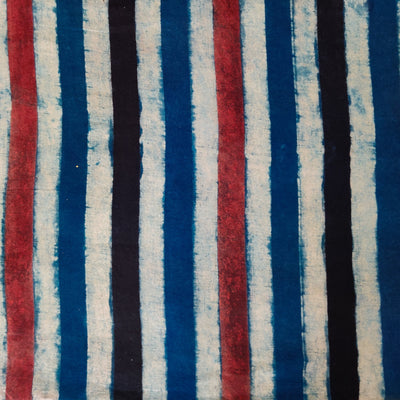 ( Pre-Cut 1.35 Meter ) Pure Cotton Ajrak With Black Rust Blue Stripes Hand Block Print Fabric