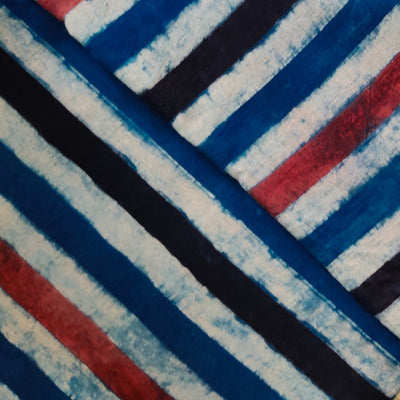 ( Pre-Cut 1.35 Meter ) Pure Cotton Ajrak With Black Rust Blue Stripes Hand Block Print Fabric