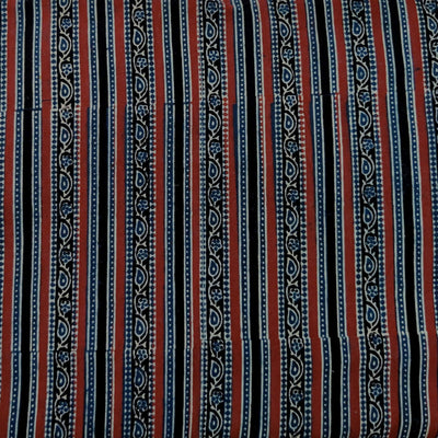 Pre-cut 1.5 meter Pure Cotton Double Ajrak With Cream Blue Red Black Leaf Creeper Border Hand Block Print Fabric