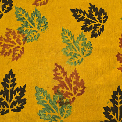 Pure Cotton Ajrak Yellow Maple  Leaves Motif Hand Block Print Fabric