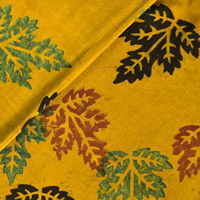 Pure Cotton Ajrak Yellow Maple  Leaves Motif Hand Block Print Fabric