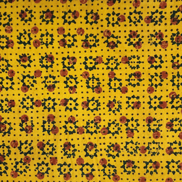 Pure Cotton Ajrak Yellow With Black And Red Intricate Design Hand Block Print Fabric