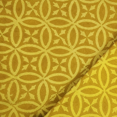 Pure Cotton Ajrak Yellow With Cream Geometrical Hand Block Print Fabric